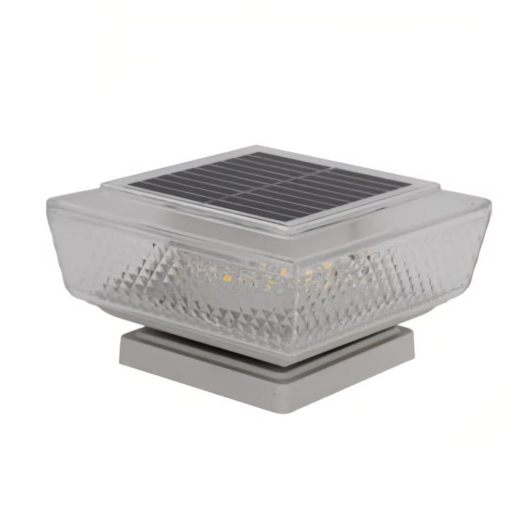 Square solar LED pillar light with clear textured diffuser and translucent top panel