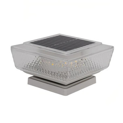 Square solar LED pillar light with clear textured diffuser and translucent top panel
