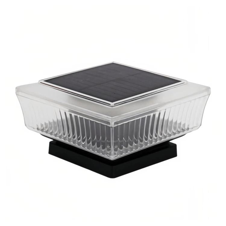 Square solar LED pillar light with clear ribbed diffuser and dark solar panel