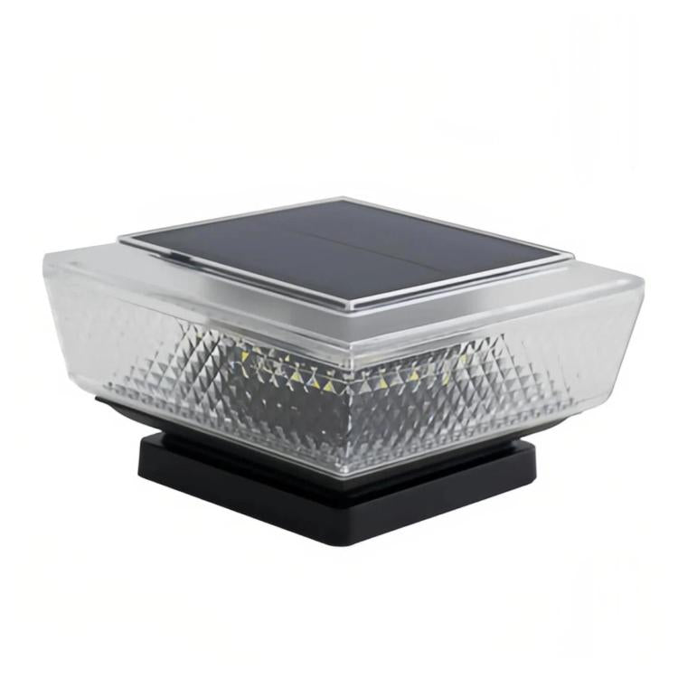 Solar LED pillar light with clear ribbed diffuser and warm LEDs glowing through prism