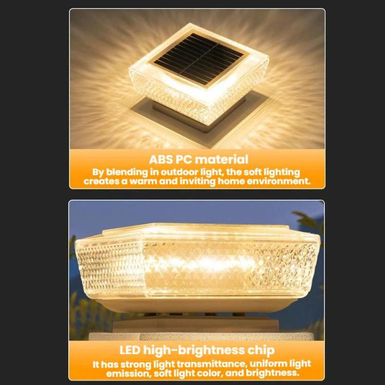 Warm glowing solar LED pillar light with square glass top and solar panel