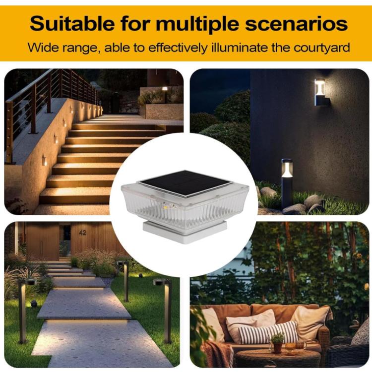 Square solar LED pillar light centered in a multi-scenario promotional graphic