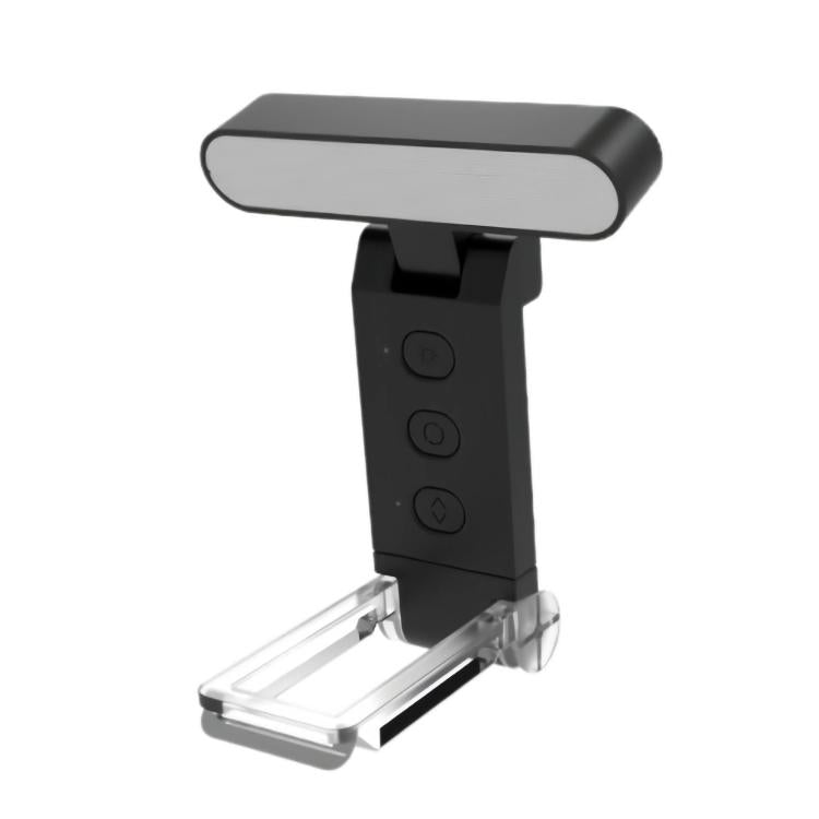 Black USB rechargeable clip reading lamp with LED folding bookmark, three-button control.