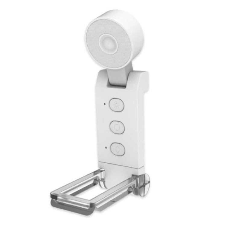 Mini USB clip-on LED bookmark lamp, light-gray round head with button controls.