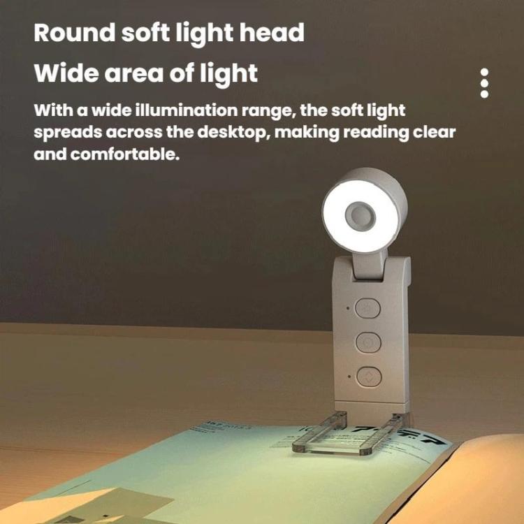 Mini USB clip-on LED bookmark lamp with wide soft ring head, light-gray body and clip.