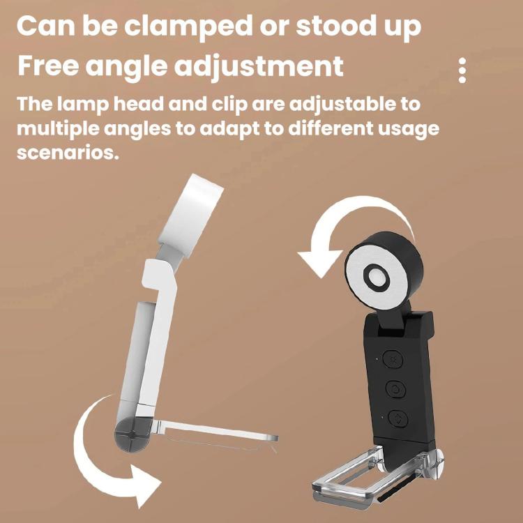 Mini USB clip-on LED bookmark lamp with adjustable clamp and rotating head, black version.