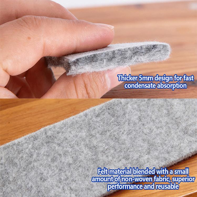 Close-up of gray felt anti-condensation strip being pressed by hand