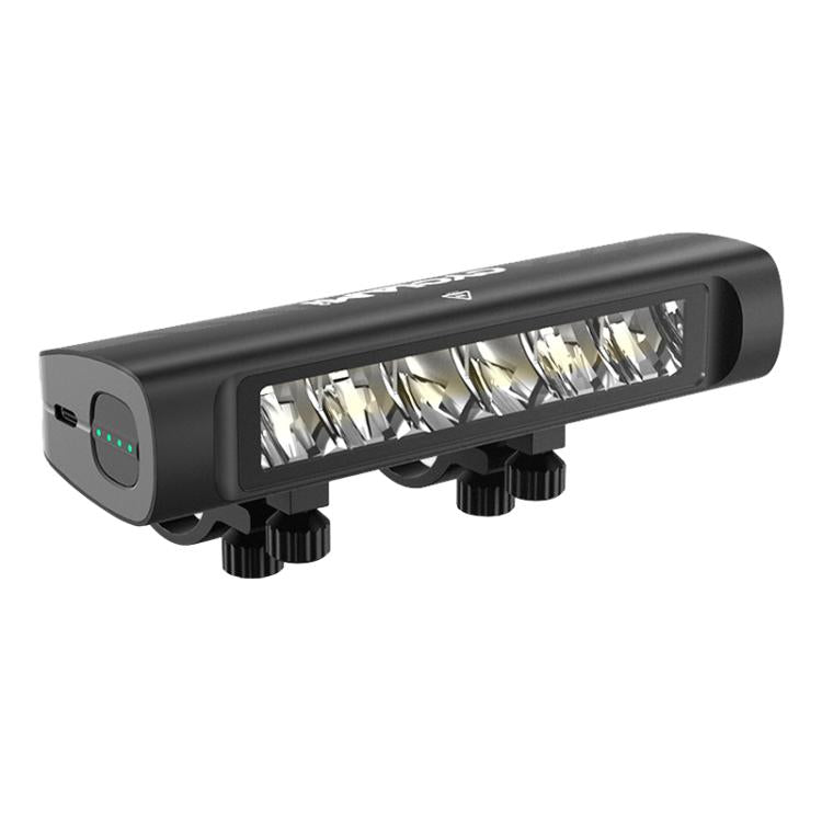 Rechargeable front bike light with black housing and bright rectangular LED lens