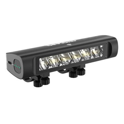 Rechargeable front bike light with black housing and bright rectangular LED lens