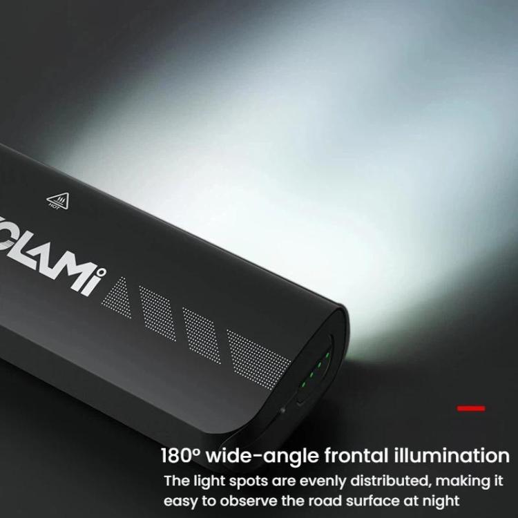 Rechargeable front bike light showing wide-angle LED beam from dark housing