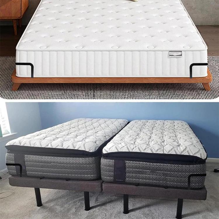 Black anti-slip mattress corner retainer brackets installed on a bed