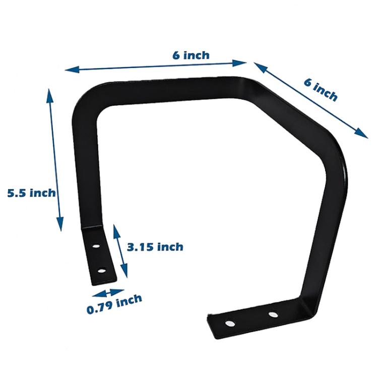 Black metal bed corner retainer bracket with screw holes and size diagram