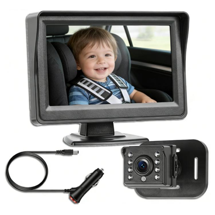 Car rear seat monitor with attached camera, showing a baby in a car seat
