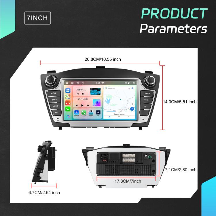 7-inch car central control screen unit with dimensions and rear port layout diagram