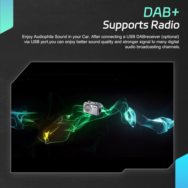 In-car display with DAB+ audio receiver icon and signal waves