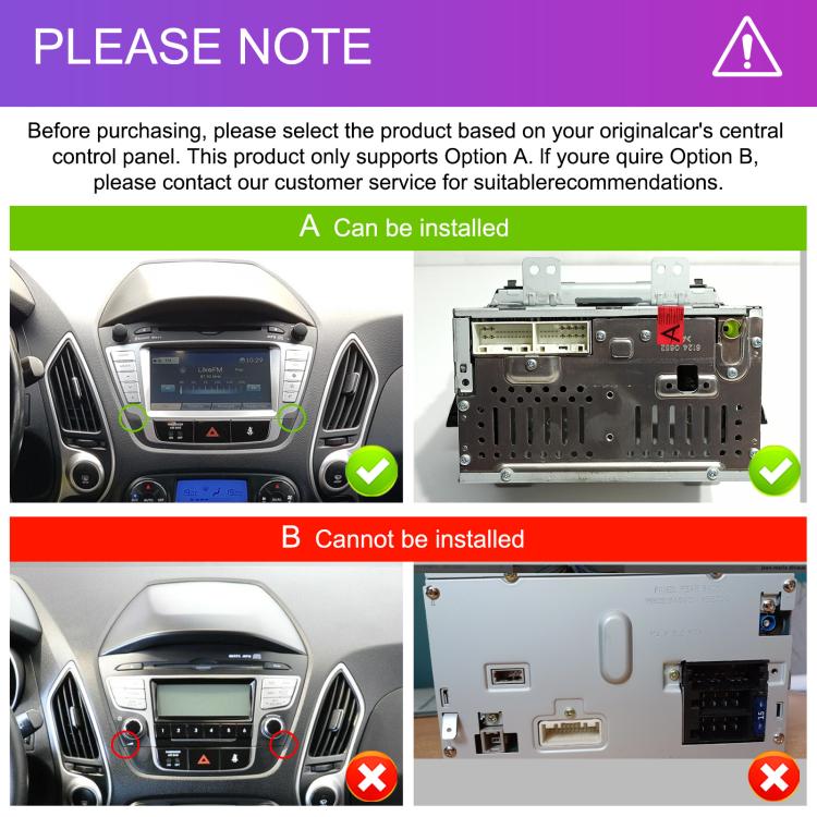 Car central control panel compatibility guide with install options A and B
