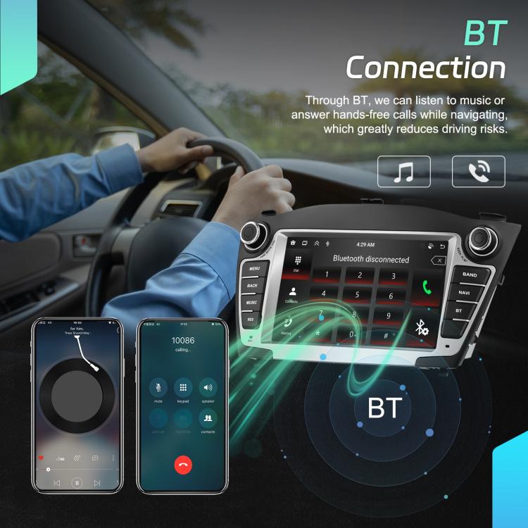 Car dashboard touchscreen head unit with navigation and Bluetooth controls
