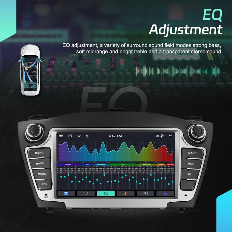 Car dashboard touchscreen EQ display with adjustable sound bars