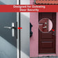Black L-shaped door latch protector cover installed on an outswing door edge