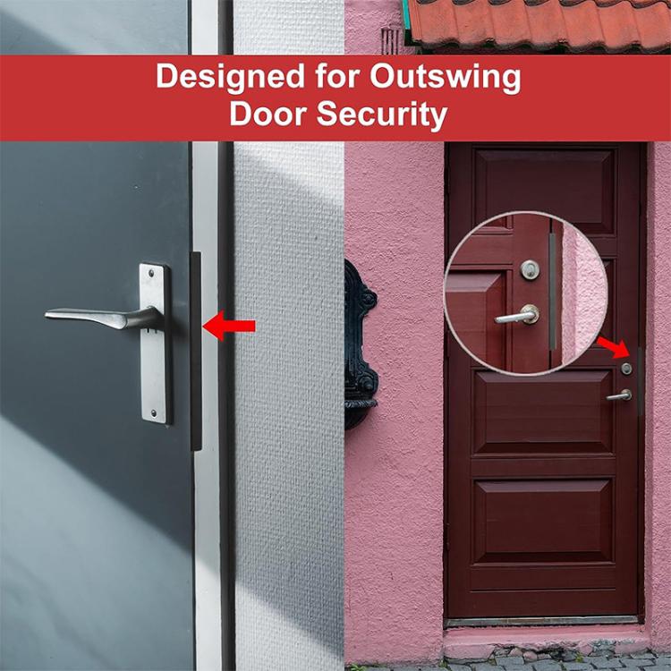 Black L-shaped door latch protector cover installed on an outswing door edge