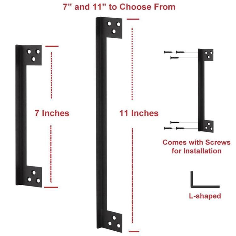 Black L-shaped door latch protector, 7 and 11 inch sizes, with mounting screws