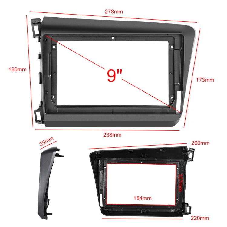 Car stereo dash installation frame with 9-inch touchscreen size dimensions