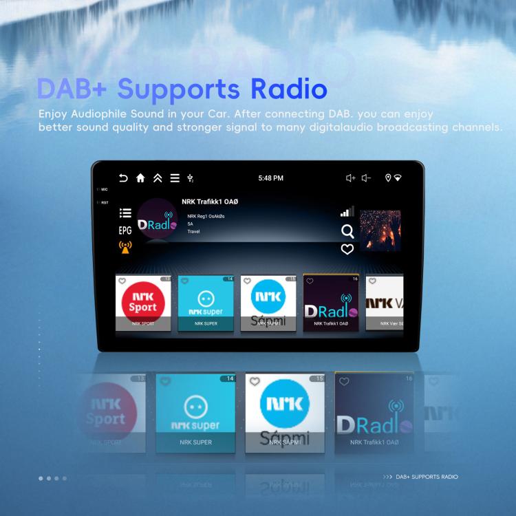 Android car navigation head unit touchscreen showing DAB+ radio interface