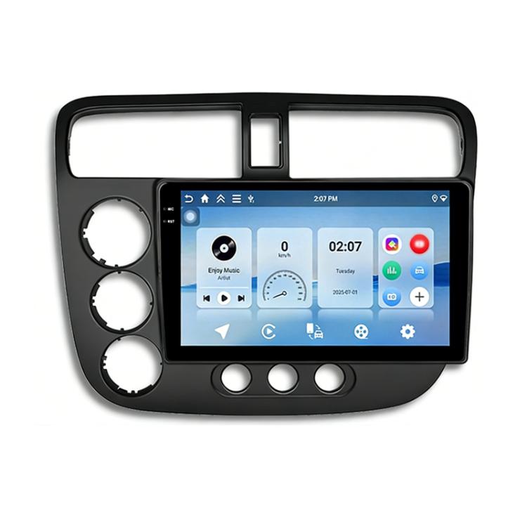 Car Android central control screen with touchscreen in black dash bezel and round control dials