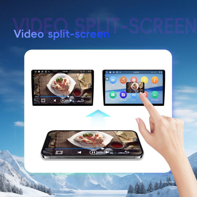 Android car stereo video split-screen display with play controls and touch input