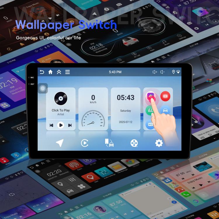 Android car head unit with home screen icons and a finger selecting an app