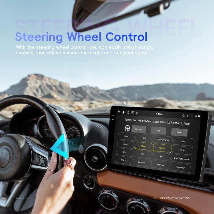Android car head unit showing steering wheel control app on touch screen