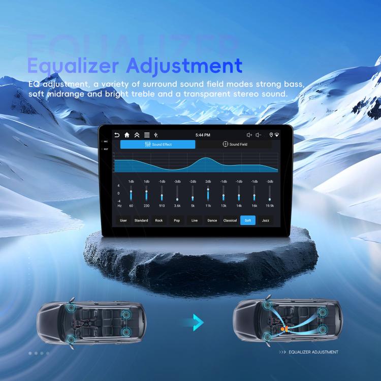 Android car stereo display with equalizer sliders on a dark touchscreen panel