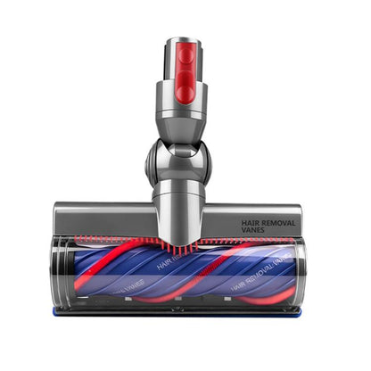 Anti-tangle roller brush head with blue roller and red release button on gray housing