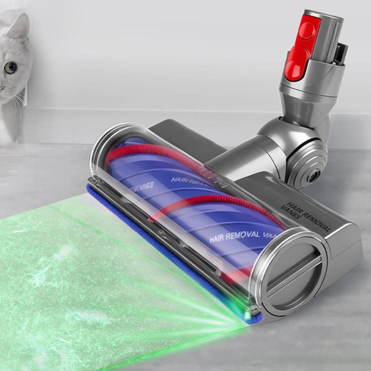 Anti-tangle roller vacuum brush head, gray body with blue roller and red bristle edge