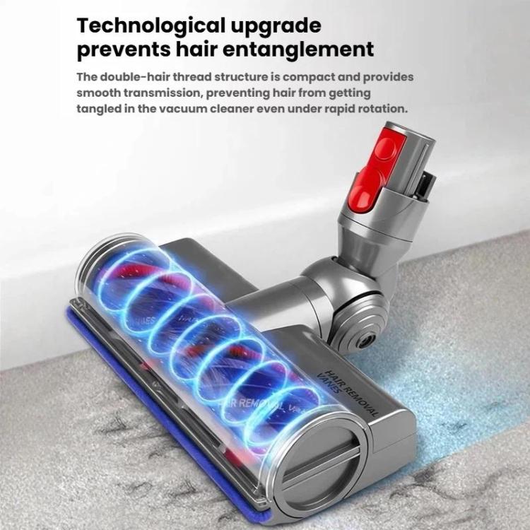 Anti-tangle roller brush head with blue glowing light effect and red bristle strip