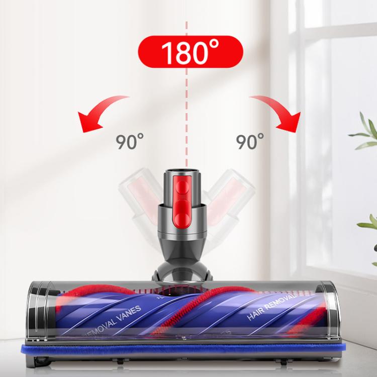 Anti-tangle roller brush head with blue roller, red bristles, and gray end caps