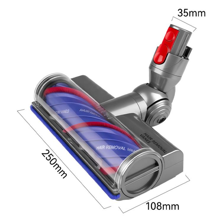 Anti-tangle roller brush head, gray nozzle with red button and blue roller