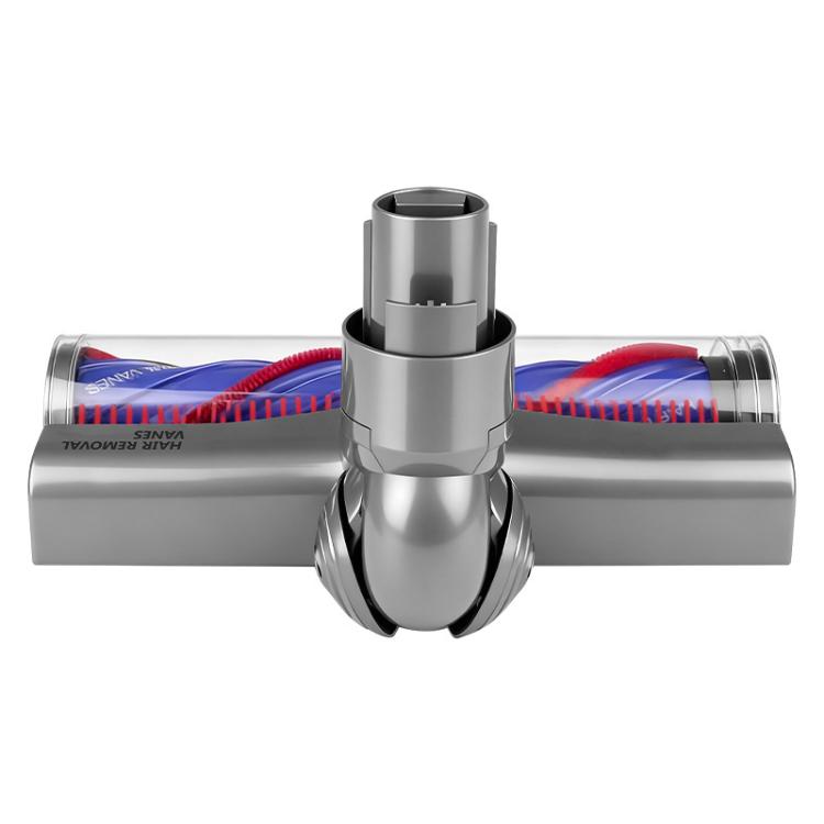 Anti-tangle roller brush head with central nozzle and blue roller with red bristle detail