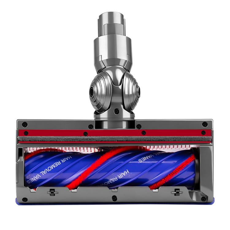 Anti-tangle roller brush head with gray frame, red strip, and blue roller inside
