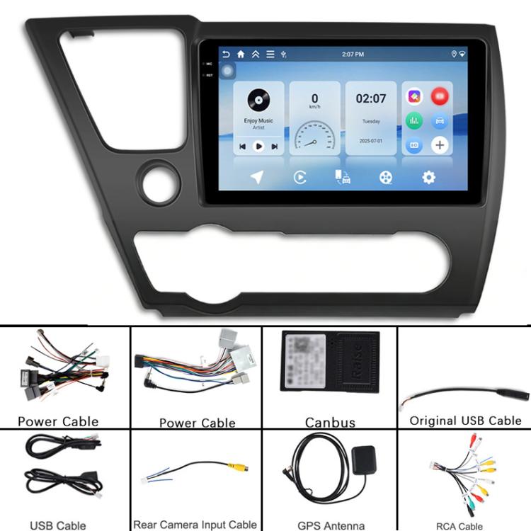 Android car head unit with touchscreen plus included wiring and accessory cables