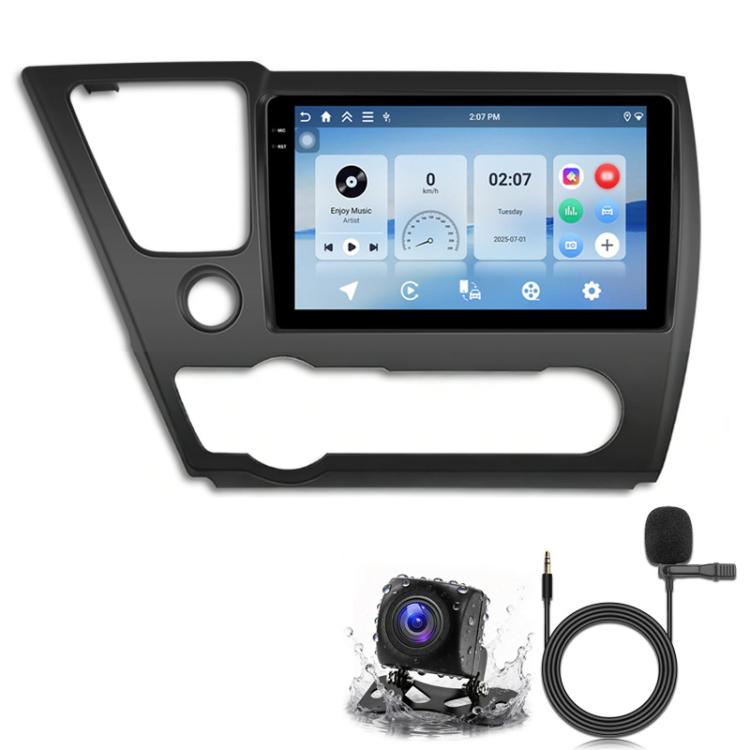 Android car head unit with touchscreen plus rear camera, GPS-style cable, and microphone