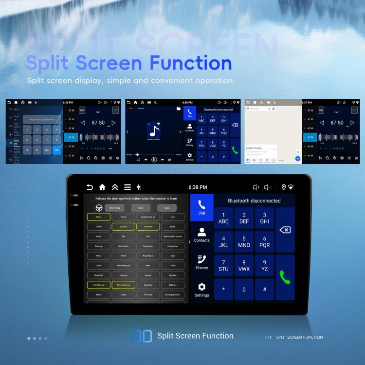 Car Android head unit displaying split-screen UI and contact keypad on the touch screen