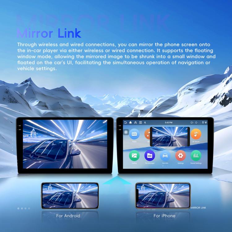 Android car stereo touchscreen showing mirror-link style split screens