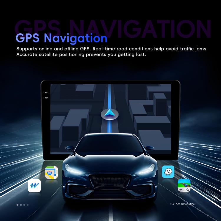 Android car stereo touchscreen displaying GPS navigation map and route