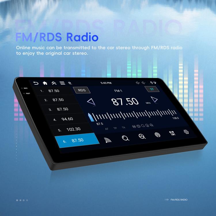 Car Android central control screen with black bezel showing FM/RDS radio interface