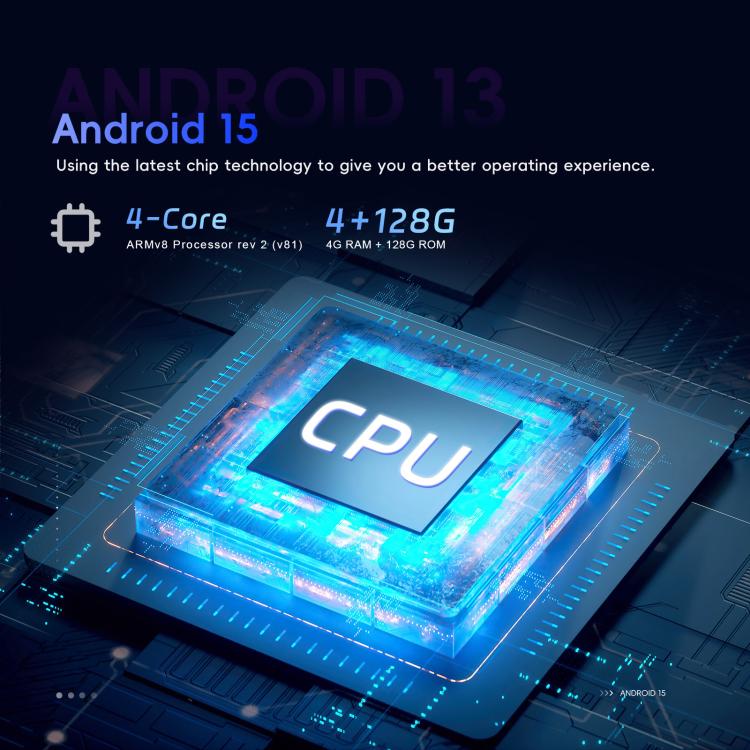 Android car head unit display with glowing CPU graphic and “Android 15” startup screen