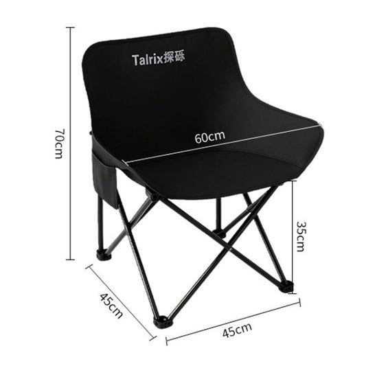 Black folding camping moon chair with padded armrests and leg support