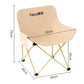 Beige folding camping moon chair with padded armrests and leg support
