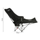 Black reclined folding camping moon chair with extended leg support