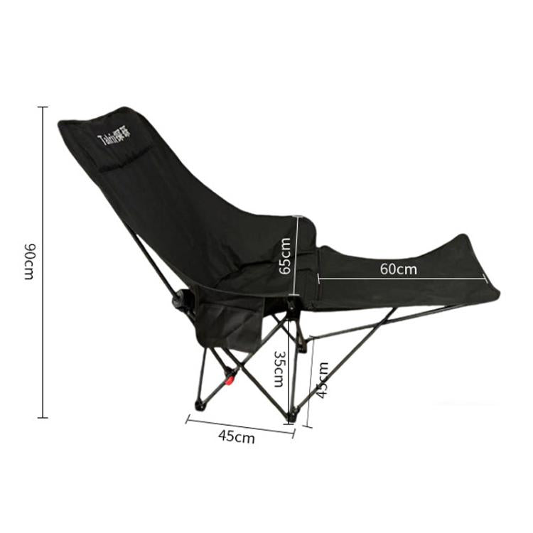 Black reclined folding camping moon chair with extended leg support